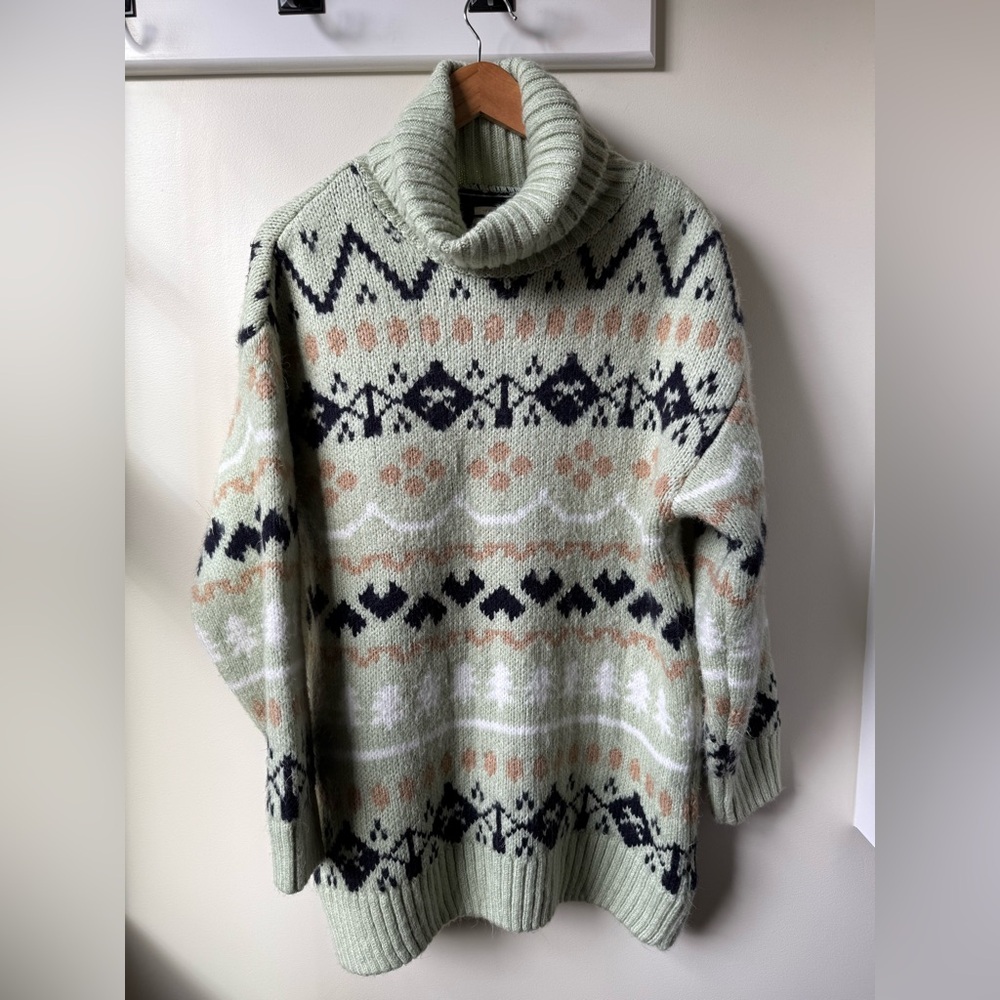 ANTHROPOLOGIE Fair Isle Turtleneck Sweater Oversized‎ Cozy Green Cabincore M